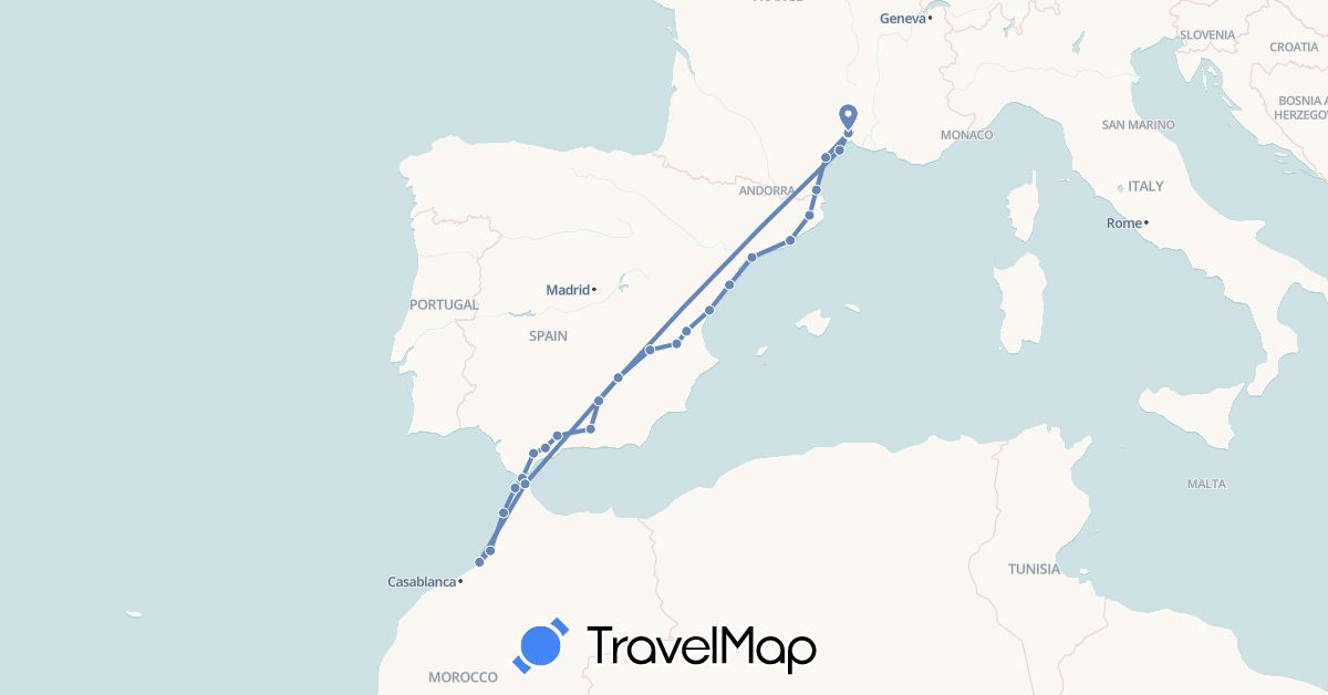 TravelMap itinerary: driving, cycling in Spain, France, Morocco (Africa, Europe)